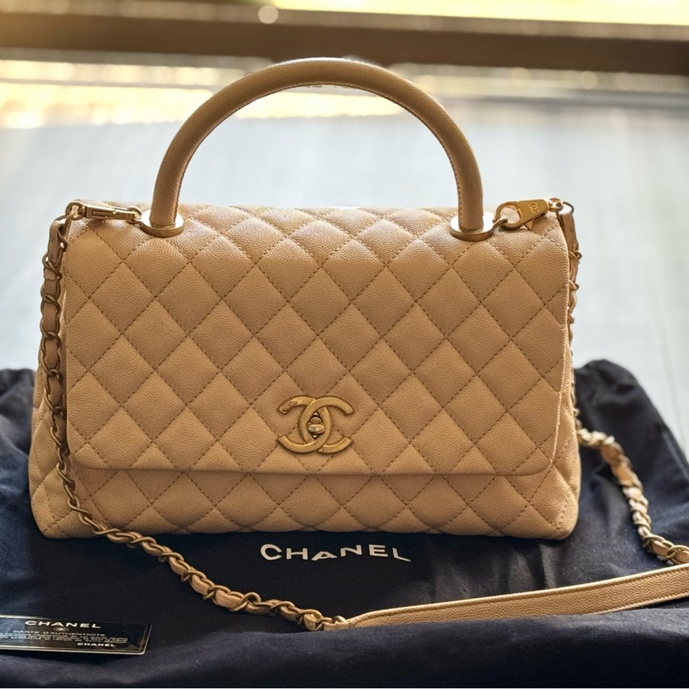 New Chanel Medium Quilted Caviar Leather Top Handle Bag - beige